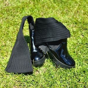 Knitted Thigh High Sock Biker Boot in Patent